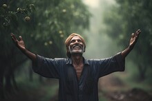 Farmer Happy With The Arrival Of The Rains. AI Generative
