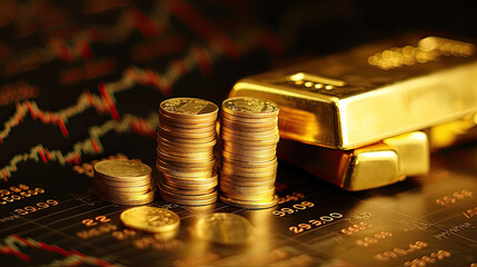 Gold trading, gold bars on fabric with stock graph chart stock market trade background, pile of gold bars financial business economy concepts, wealth and reserve success in business and finance.