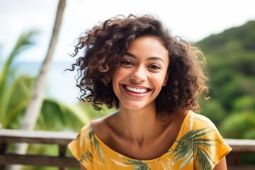 Wall Mural - Medium shot portrait photography of a happy girl in her 30s wearing a cute crop top against a tropical island background. With generative AI technology