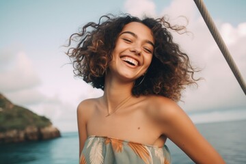 Poster - Medium shot portrait photography of a happy girl in her 30s wearing a cute crop top against a tropical island background. With generative AI technology