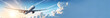 illustration Passenger plane flies in blue sky with white clouds with copy space. The concept of airline companies, travel and passenger transportation. Long minimalistic banner. Generative AI.