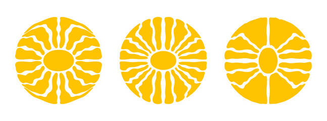 Poster - Abstract retro set groovy sun icon with bright sunburst in style 60s, 70s. Trendy colorful graphic print. Vector illustration