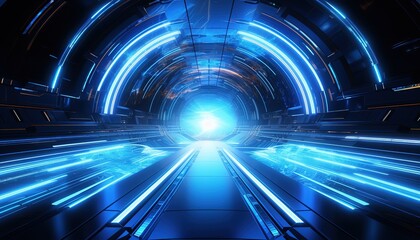 Poster - Futuristic sci-fi background. Blue circle portal with light bursts and sparkles.
