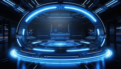 Poster - Futuristic sci-fi background. Blue circle portal with light bursts and sparkles.