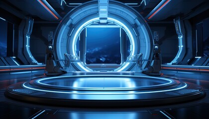 Poster - Futuristic sci-fi background. Blue circle portal with light bursts and sparkles.