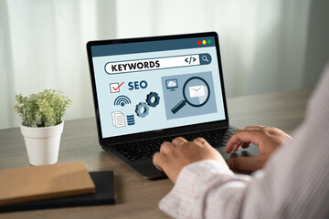 Fototapete - keywords on a website for content businessman search keywords on a laptop, browse in the office, opt