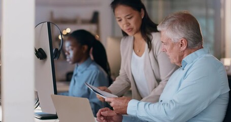 Poster - Corporate, manager help employee and talking with teamwork, collaboration and discussion with technology. Staff, coworkers and male supervisor with a woman, documents or conversation with teamwork