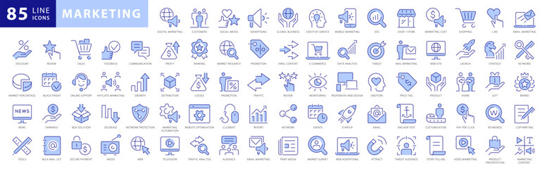marketing blue line icons set. content, search, strategies, marketing, ecommerce, branding, seo, ele