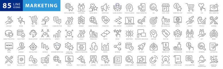 marketing line icons set. content, search, strategies, marketing, ecommerce, branding, seo, electron