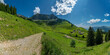 canvas print picture - Alp mit Holzhäuser und blühenden Wiesen im großen Walsertal, mit felsigen Bergen, steilen, steinigen Hängen und grünen Weiden, an einem sonnigen Sommertag auf der Sterisalp, Vorarlberg