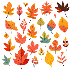 Wall Mural - vivid autumn leaves, isolated collection on white background, illustration in cartoon style