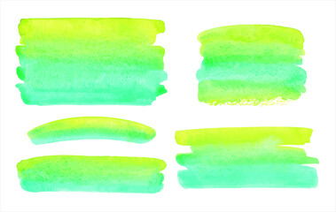 Wall Mural - Neon green, yellow bright gradient vector watercolor brush strokes, stripes set. Banners collection, rectangle shape. Painted colorful watercolour stains texture. Aquarelle template, text background