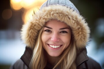 Wall Mural - Sports portrait photography of a grinning girl in her 30s wearing a cozy winter coat against a cozy fireplace background. With generative AI technology