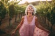 Medium shot portrait photography of a joyful mature woman wearing underclothing against a vineyard background. With generative AI technology