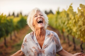 Poster - Medium shot portrait photography of a joyful mature woman wearing underclothing against a vineyard background. With generative AI technology