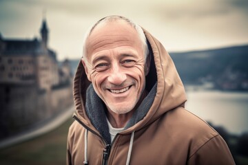 Wall Mural - Sports portrait photography of a happy mature man wearing a cozy zip-up hoodie against a medieval castle background. With generative AI technology