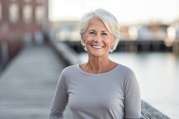 Wall Mural - Three-quarter studio portrait photography of a satisfied mature woman wearing a casual t-shirt against a riverfront background. With generative AI technology