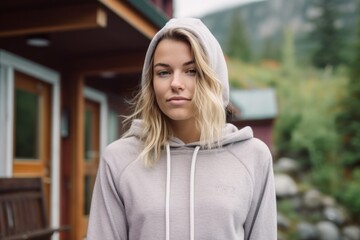 Wall Mural - Casual fashion portrait photography of a tender girl in her 30s wearing a stylish hoodie against a mountain cabin background. With generative AI technology