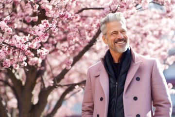 Wall Mural - Urban fashion portrait photography of a happy mature man wearing a cozy winter coat against a cherry blossom background. With generative AI technology