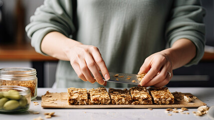 Closeup of Woman Preparing Healthy Granola Bar at Grey Marble Table in Kitchen