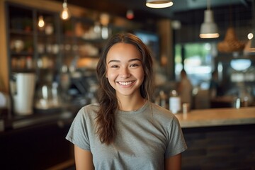 Headshot portrait photography of a satisfied kid female wearing a casual short-sleeve shirt against a cozy coffee shop background. With generative AI technology