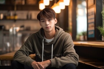 Wall Mural - Medium shot portrait photography of a tender mature boy wearing comfortable jeans against a cozy coffee shop background. With generative AI technology