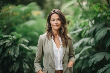 Wall Mural - Studio portrait photography of a glad girl in her 30s wearing a classic blazer against a botanical garden background. With generative AI technology