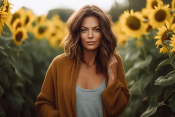 Poster - Casual fashion portrait photography of a tender girl in her 30s wearing a chic cardigan against a sunflower field background. With generative AI technology