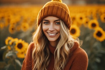 Wall Mural - Conceptual portrait photography of a happy girl in her 30s wearing a warm beanie against a sunflower field background. With generative AI technology