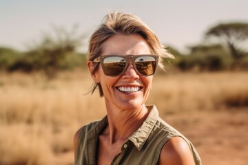 Canvas Print - Lifestyle portrait photography of a happy mature woman wearing a daring bikini and trendy sunglasses against a wildlife reserve background. With generative AI technology