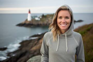 Wall Mural - Sports portrait photography of a glad girl in her 30s wearing a comfortable hoodie against a lighthouse background. With generative AI technology