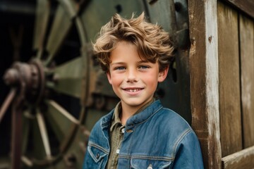 Sticker - Lifestyle portrait photography of a glad mature boy wearing a denim jacket against a rustic windmill background. With generative AI technology