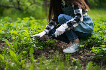 woman uisng a shovel to make a new bed in garden for a flower