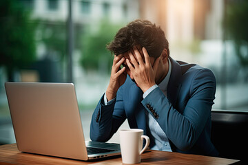 Stressed young businessman, Desperate businessman, trying to find a solution to his problem, Unhappy Depressed Employee With Stress Using Computer