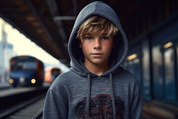 Wall Mural - Close-up portrait photography of a glad kid male wearing a comfortable hoodie against a historic train background. With generative AI technology