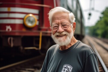 Wall Mural - Headshot portrait photography of a happy old man wearing a sporty polo shirt against a historic train background. With generative AI technology