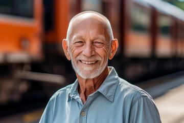 Wall Mural - Headshot portrait photography of a happy old man wearing a sporty polo shirt against a historic train background. With generative AI technology