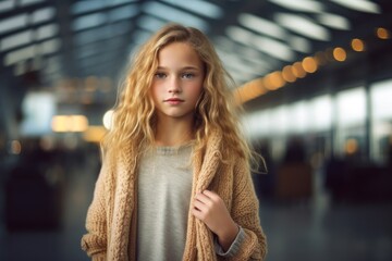 Wall Mural - Urban fashion portrait photography of a glad kid female wearing a chic cardigan against a busy airport terminal background. With generative AI technology