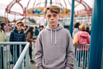 Wall Mural - Lifestyle portrait photography of a glad mature boy wearing a comfortable tracksuit against a crowded amusement park background. With generative AI technology