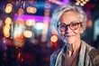 © Markus Schröder - Lifestyle portrait photography of a glad mature woman wearing a chic cardigan against a lively night club background. With generative AI technology