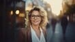 © banthita166 - business woman on glasses. meeting and connection. at building district background in the morning, bokeh. dynamic lighting from the setting morning sun, generative Ai.