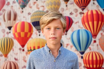 Wall Mural - Editorial portrait photography of a tender mature boy wearing a sporty polo shirt against a colorful hot air balloon background. With generative AI technology