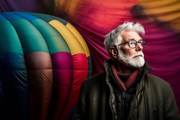 Wall Mural - Photography in the style of pensive portraiture of a tender old man wearing a cozy winter coat against a colorful hot air balloon background. With generative AI technology