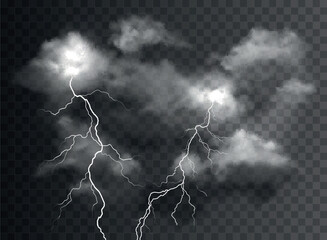Wall Mural - vector realistic stormy clouds with lightning effects isolated on dark background