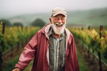 Sticker - Eclectic portrait photography of a joyful old man wearing a lightweight windbreaker against a picturesque vineyard background. With generative AI technology