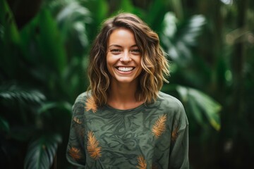 Wall Mural - Urban fashion portrait photography of a grinning girl in her 30s wearing a cozy sweater against a lush tropical jungle background. With generative AI technology