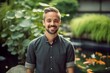 © Markus Schröder - Close-up portrait photography of a glad boy in his 30s wearing a casual short-sleeve shirt against a tranquil koi pond background. With generative AI technology