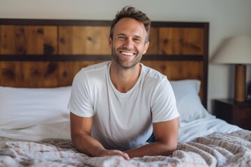 Wall Mural - Editorial portrait photography of a happy boy in his 30s wearing a casual t-shirt against a cozy bed and breakfast background. With generative AI technology