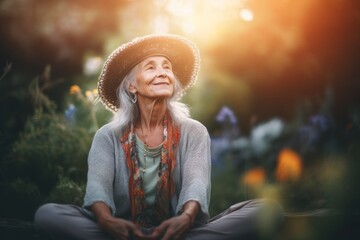 Wall Mural - Eclectic portrait photography of a satisfied old woman wearing a stylish sun hat against a serene meditation space background. With generative AI technology