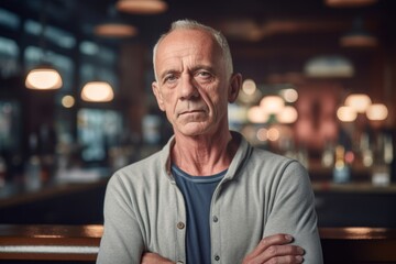 Wall Mural - Photography in the style of pensive portraiture of a glad mature man wearing a sporty polo shirt against a lively brewery background. With generative AI technology